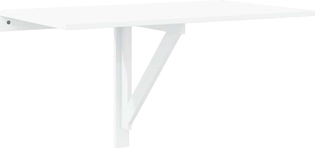 A white folding table mounted on a wall.