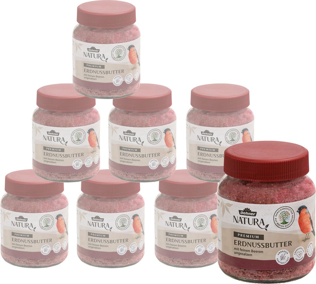 Dehner Natura Wildvogelfutter, Erdnussbutter im Glas, mit feinen Beeren, 8 x 340 g (2.72 kg)