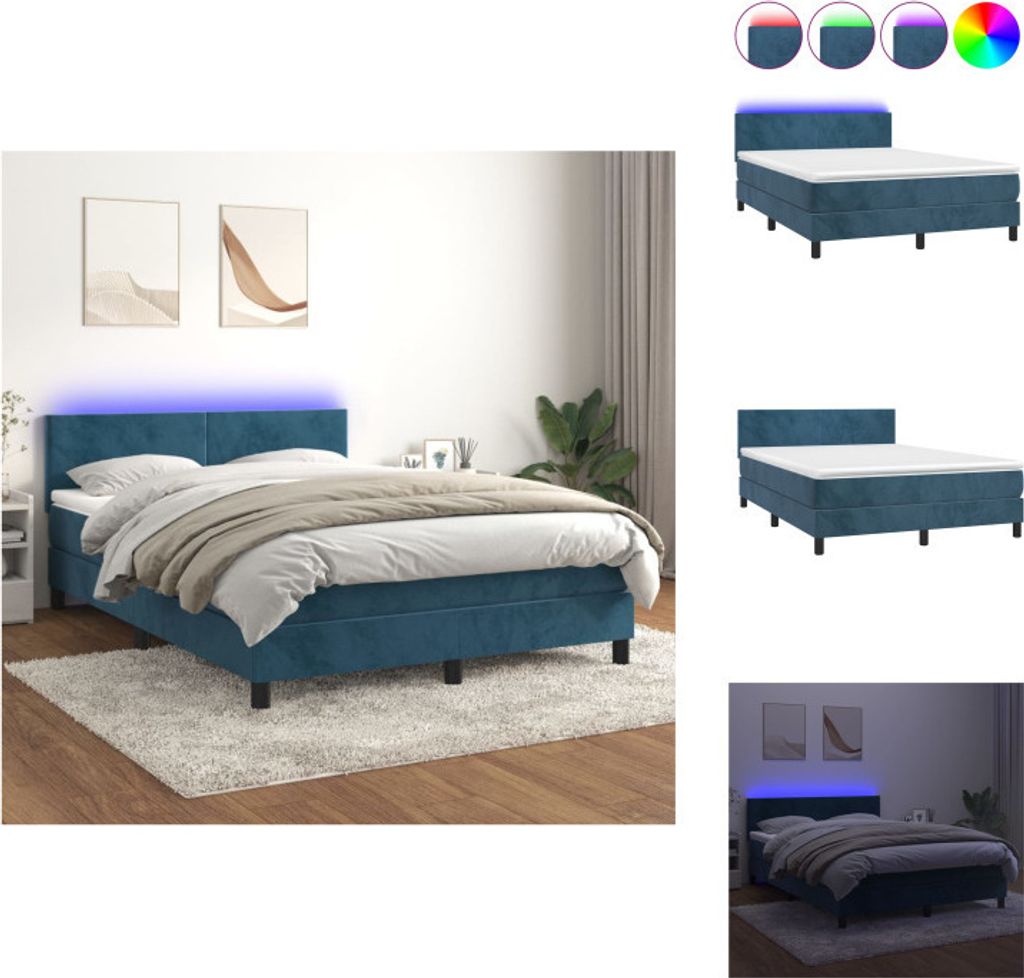 vidaXL Boxspringbett mit Matratze & LED Dunkelblau 140x200 cm Samt - Betten & Bettgestelle