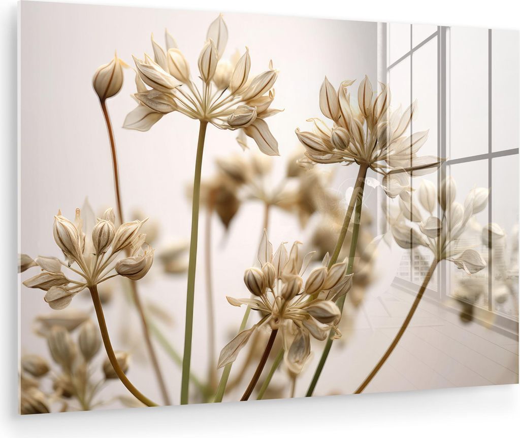 MuchoWow Glasbilder - Bilder auf Wandbild - Foto auf Glas Getrocknete Blumen - Beige - Weiß - Pflanzen 60x40 cm Wanddekoration aus Glas - Acrylgla...