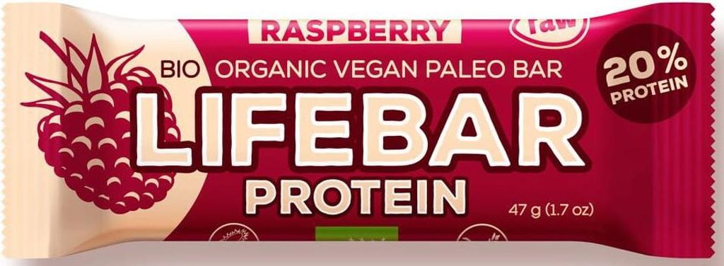 BATON PROTEINOWY Z MALINAMI RAW BEZ DODATKU CUKRÓW BEZGLUTENOWY BIO 47 g - LIFEFOOD