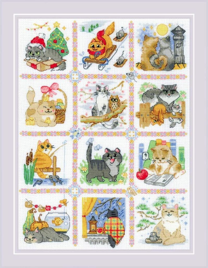 Riolis Kreuzstich Set "Katzenkalender", Zählmuster, 30x40cm