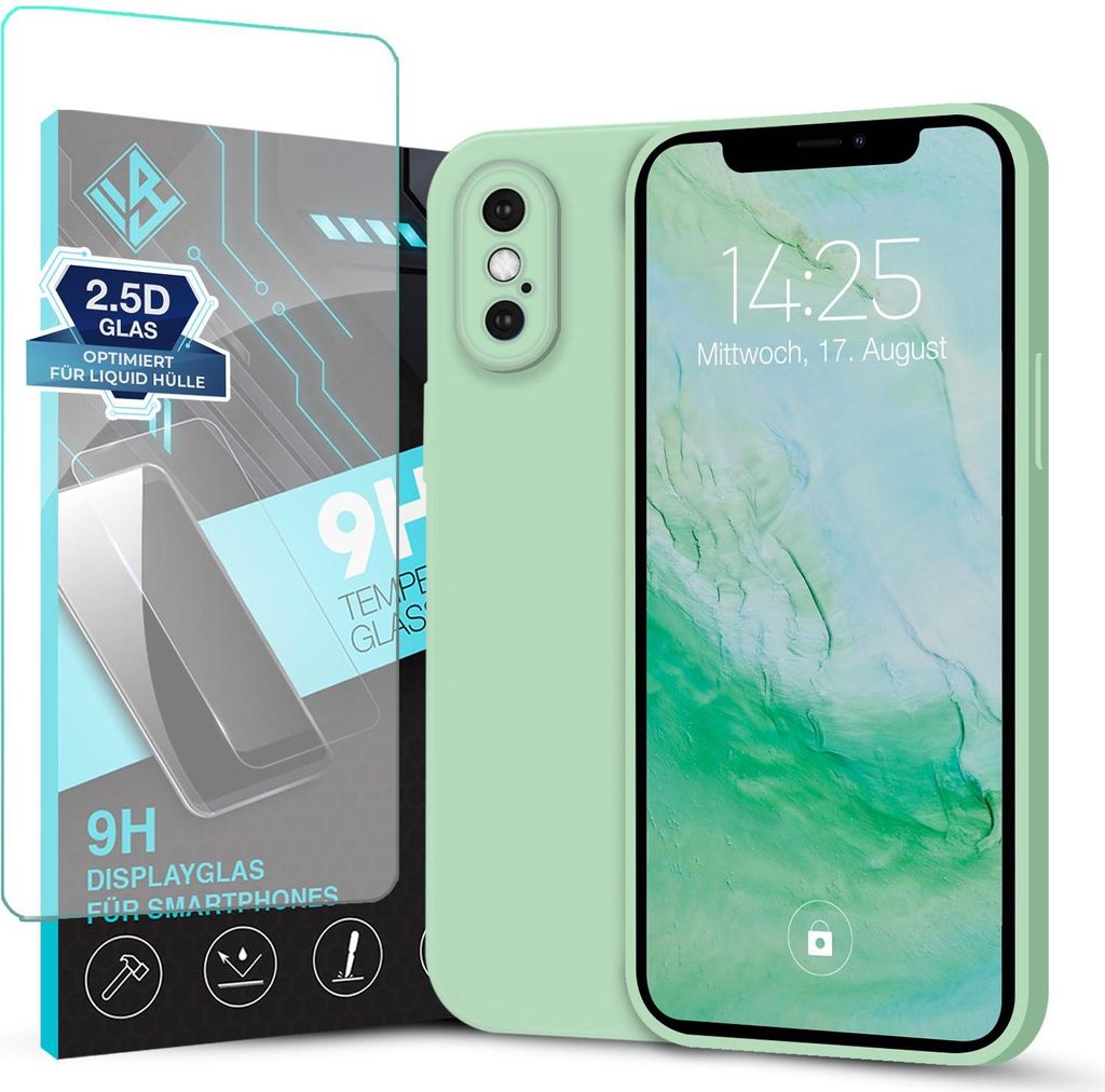Hülle für Apple iPhone X mit 9H Displayglas Displayschutz Plus Case Cover Bumper Silikon Softgrip Schutzhülle Farbe: Türkis