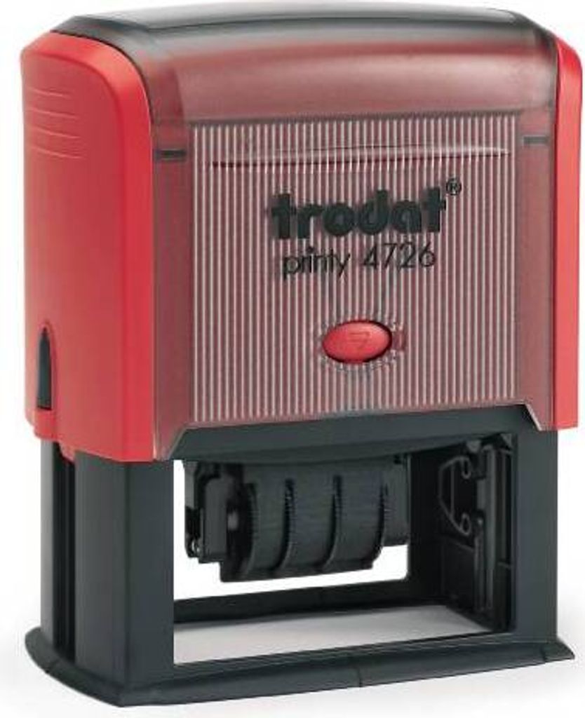 Trodat Datum-PRINTY 4726, max. 75X38 mm, Gehäuse rot, individuelle Stempelplatte mit Ihrem Wunschtext, Stempelkissen schwarz