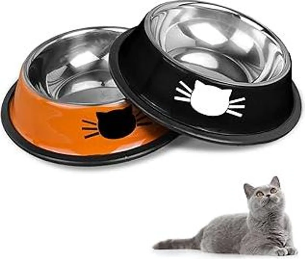 Set di ciotole per gatti, ciotole antiscivolo in acciaio inossidabile, ciotole per gatti, abbeveratoi per gatti, ciotole per gatti e ciotole per animali domestici (nero + arancione)