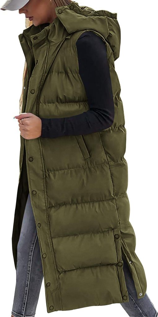 ASKSA Damen Weste Lange Steppweste Daunenweste Gesteppte mit Kapuze Winter Warm Baumwolle aermellos Sportweste Mantel (Gruen,L)
