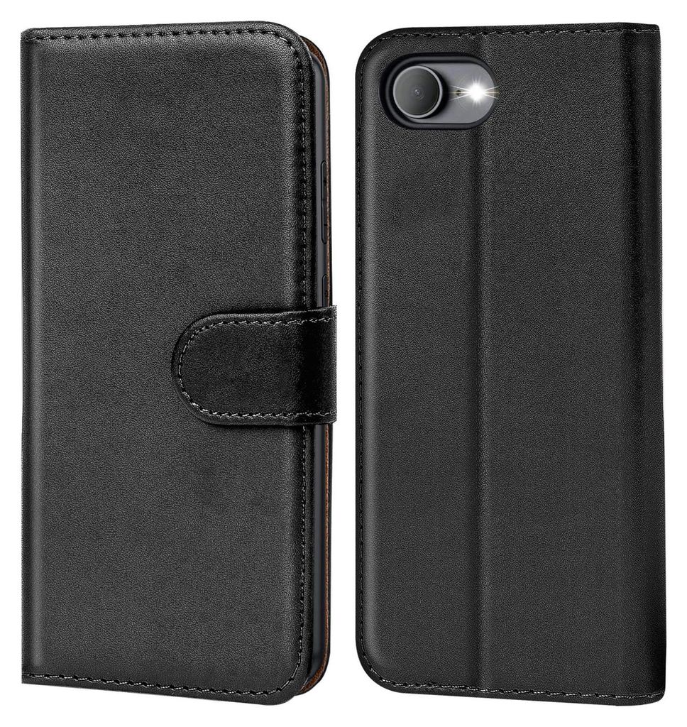 A black book-style phone case is shown from the front and back.