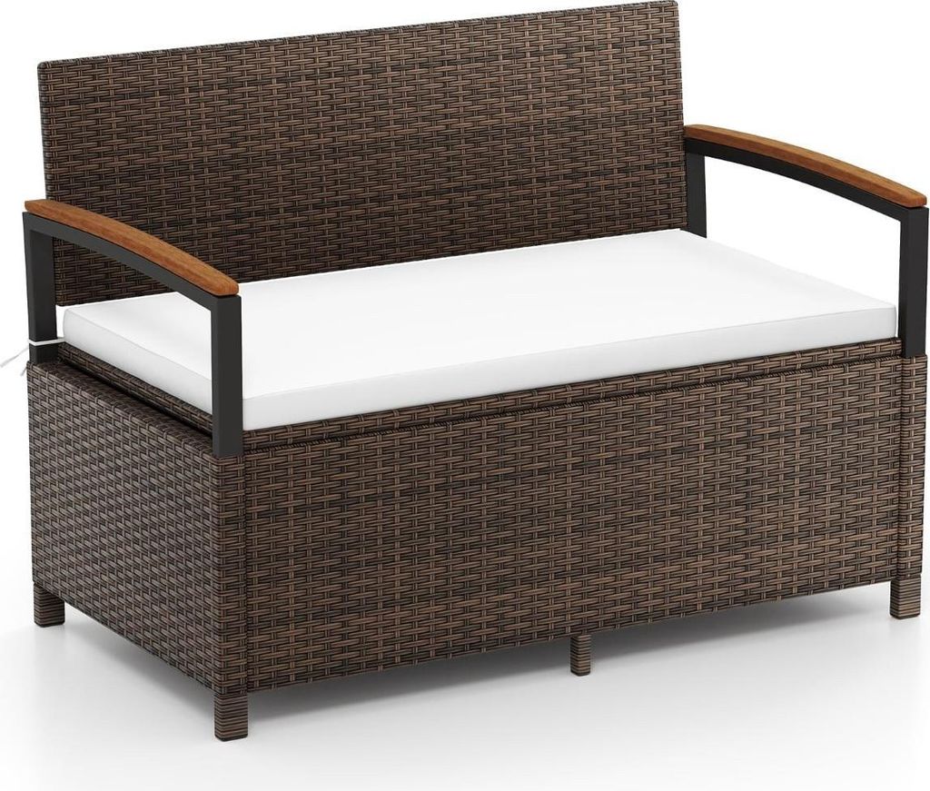 Gartenbank aus Polyrattan mit Stauraum und Kissen, Weiß