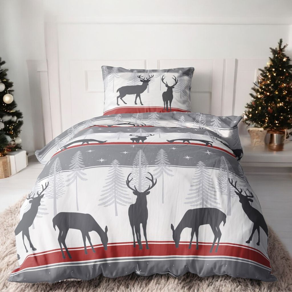 Cosy Christmas Biber Bettwäsche 135x200cm, 100% Baumwolle, Grau Rot, Reißverschluss, Winter, Weihnachtsbettwäsche , Weihnachtsmotiv, Kissen 80x80cm