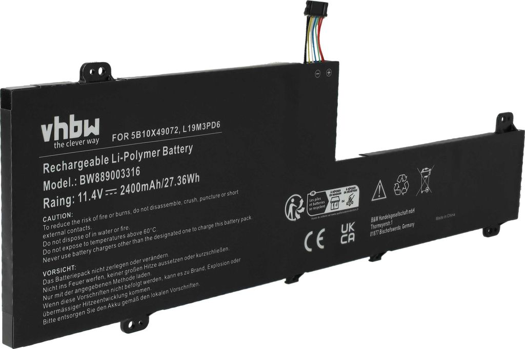 vhbw Akku kompatibel mit Lenovo IdeaPad Flex 5-14IIL05 81X100G7AU, Flex 5-14IIL05 81X100GVAU Notebook (2400 mAh, 11,4 V, Li-Polymer)