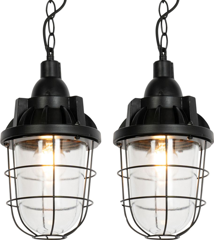 QAZQA - Industrie I Vintage I 2er Set Industrie Hängelampe I Pendellampe I Pendelleuchten schwarz - Cabin I Wohnzimmer - SteinIBeton Länglich I R...