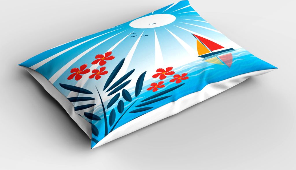 ABAKUHAUS Nautisch Kopfkissenbezug, Oleander Und Segelboot Im Meer Sunny Day Möven Positive Life Thema, 40x80 cm, Blau Orange Weiß
