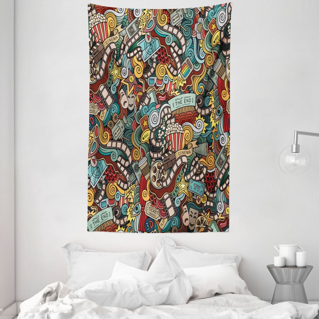 ABAKUHAUS Gekritzel Wandteppich und Tagesdecke, Kino Artikel Popcorn aus Weiches Mikrofaser Stoff Waschbar ohne Verblassen Digitaldruck, 140 x 230 ...