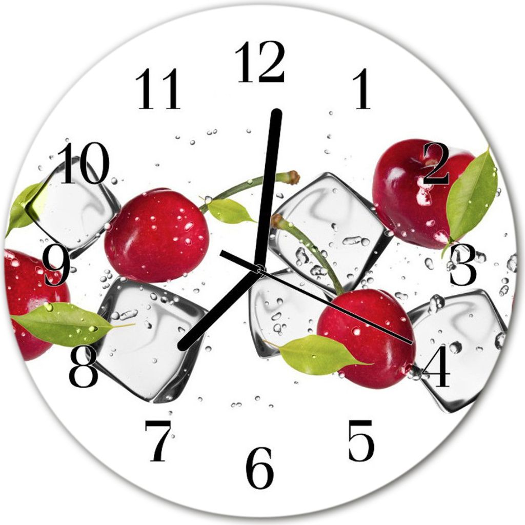 Glasuhr Wanduhr Küchenuhr Echt-Glas 30fi cm Kirschen Eis rot