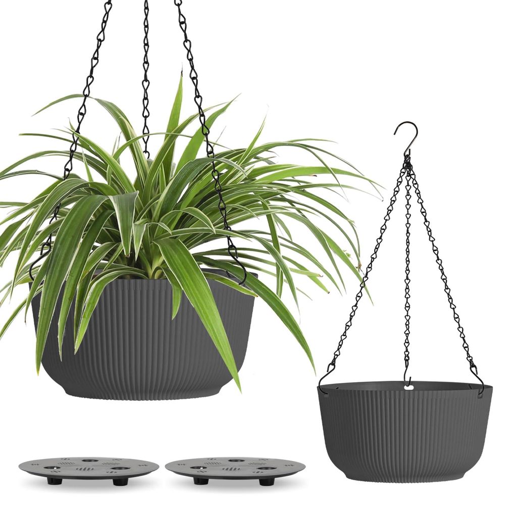 Set mit 2 hängenden Kunststoff-Blumentöpfen (30 cm), Hängepflanzgefäßen mit Ketten und Wasserreservoir für Garten, Balkon und Wohnzimmer, mat...