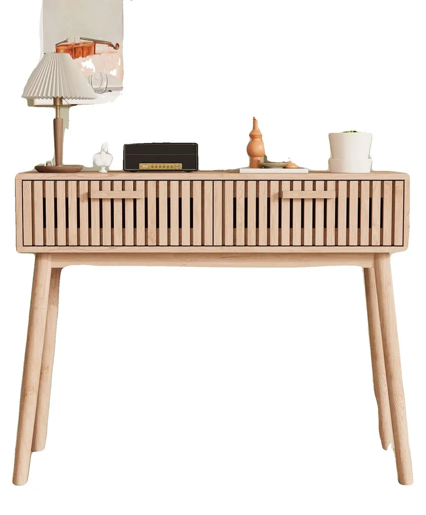 Console en bois naturel à double tiroir de rangement, ligne épurée