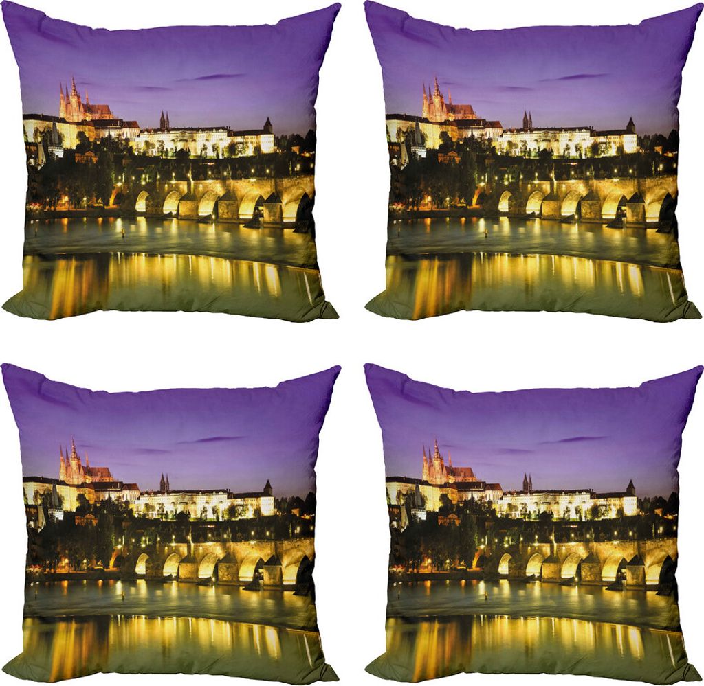 ABAKUHAUS Reise Kissenbezug Set (4 Stück), Karlsbrücke Prag, Moderner Doppelseitiger Digitaldruck, 50 cm x 50 cm, Lila, Gelb, Braun