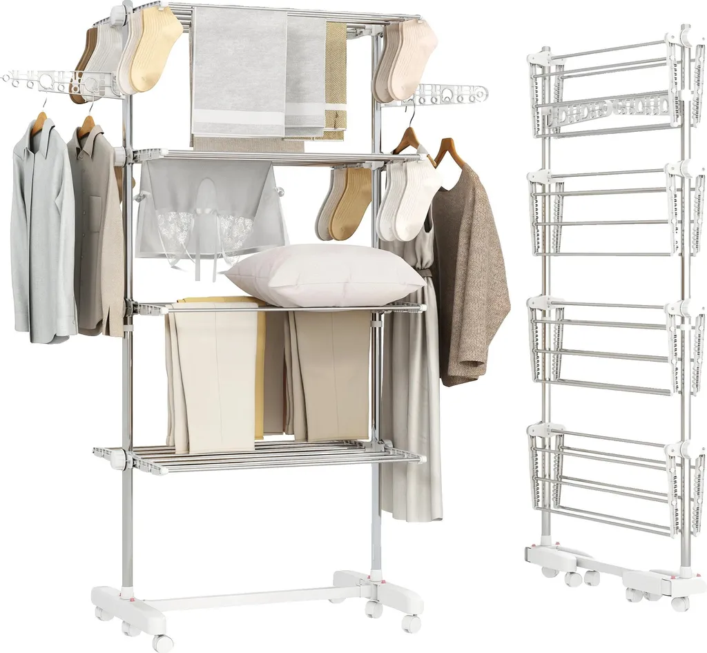 Étendoir à linge tour vertical à 4 étages extensible avec roues mobiles