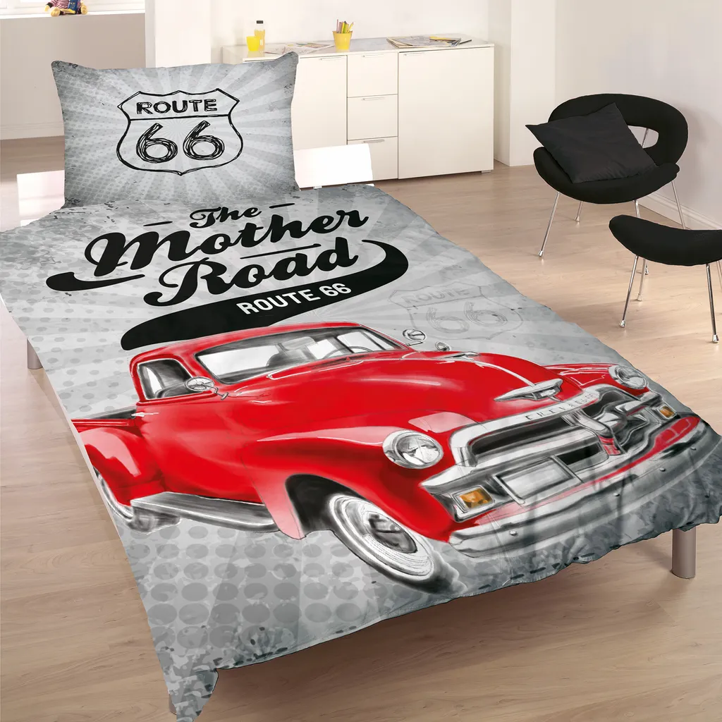 ROUTE 66 Biancheria da letto Road blu 135 cm x 200 cm + 80 cm x 80 cm 100% cotone di qualità Renforcé-Linon Roadtrip America Freedom Biker Vintage Highway Street moto chiusura lampo motivo 003