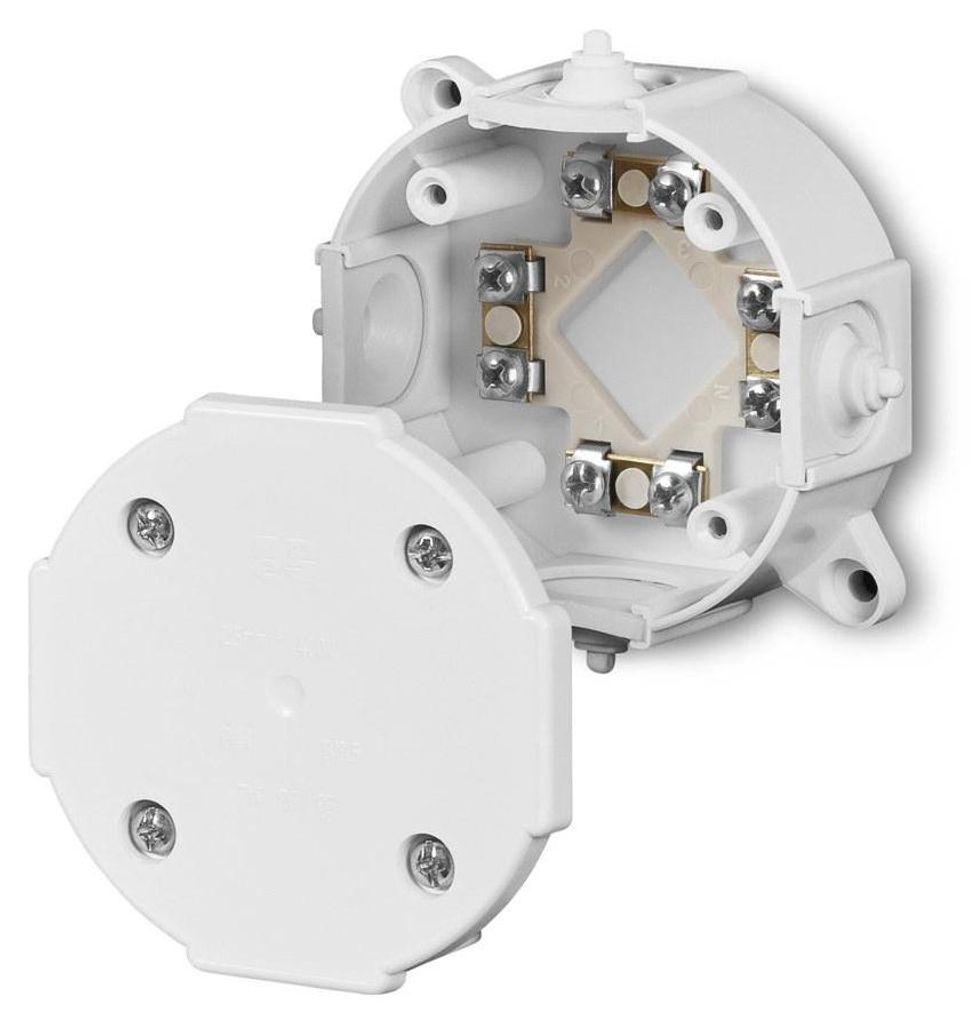A white electrical junction box with its lid open, showing the internal wiring terminals.