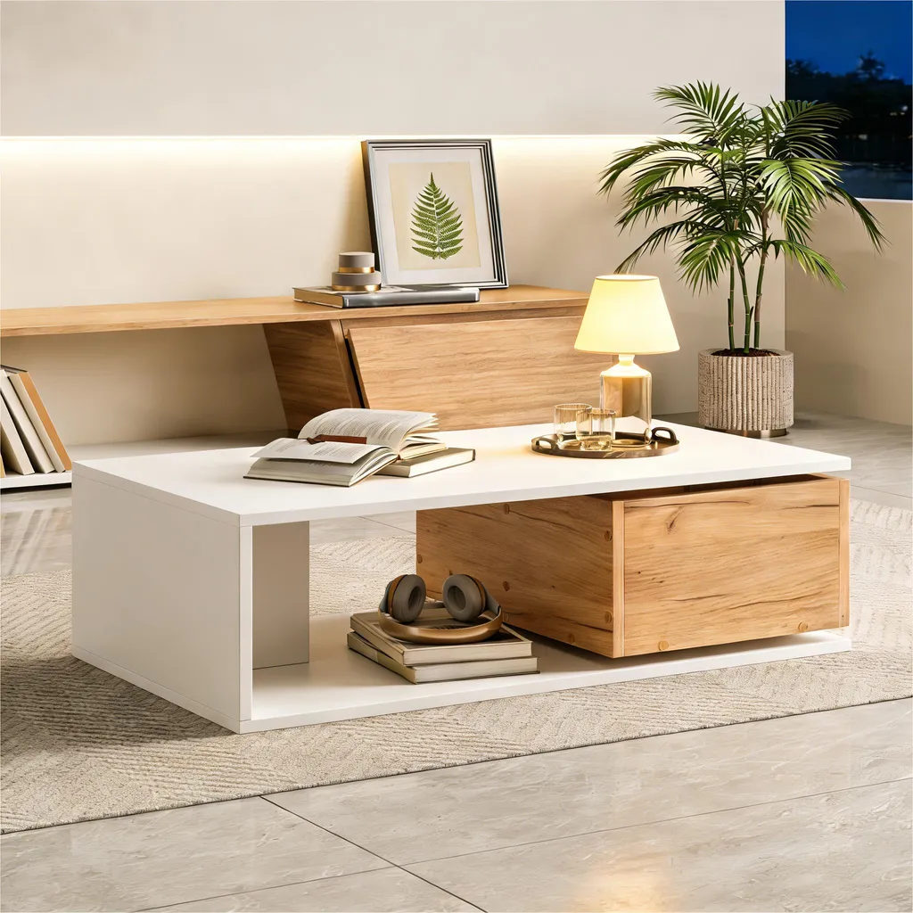 Table Basse Brillante 360 Degrés avec Rangement Blanc et Finition Bois