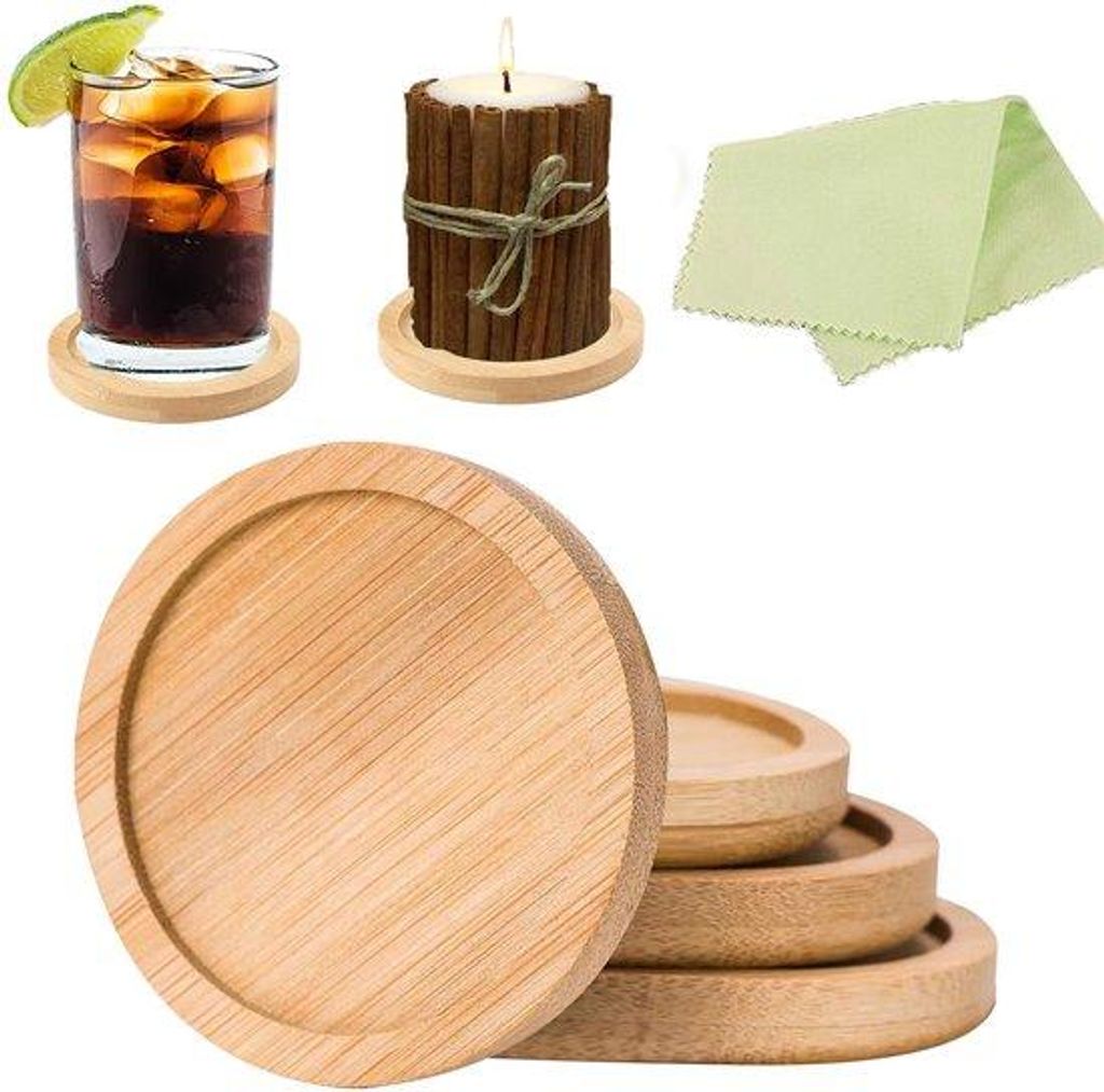 Holzuntersteller, 4 Stück, 10 cm - Bambus Glasuntersteller für Getränke, Pflanzen, Kerzen, Becher, Weihnachtsdekoration