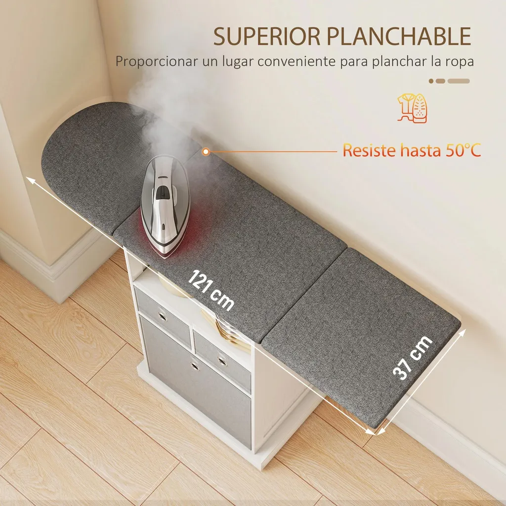 Station de repassage pliable L - Table avec 3 tiroirs et roulettes 121cm