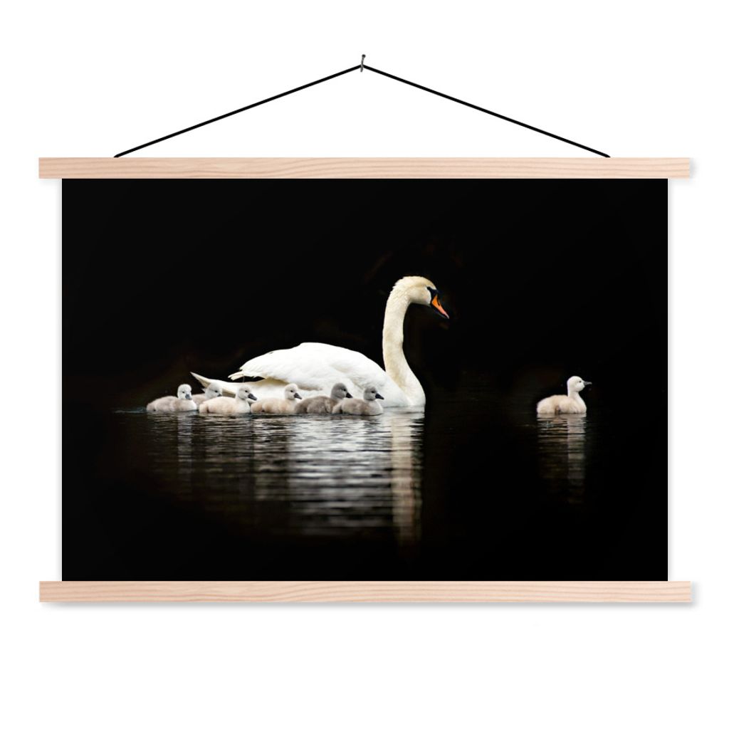 MuchoWow Textilposter Schwan - Küken - Schwarz 120x80 cm mit holzfarbenen Rahmen - Aufhängeset