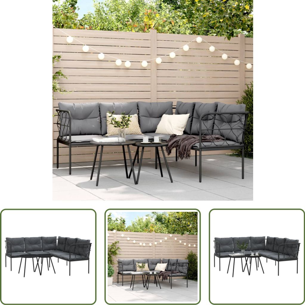 The Living Store Garten-Sofagarnitur mit Kissen Schwarz Stahl und Textilene