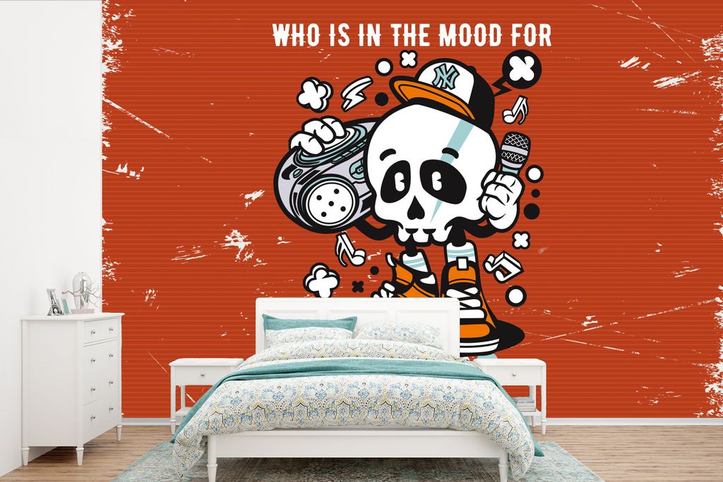 MuchoWow Fototapete für Wohnzimmer oder Schlafzimmer Wandtapete Vinyl Motivtapete Vintage - Totenkopf - Musik - 360x240 cm - Vinyl-Tapete