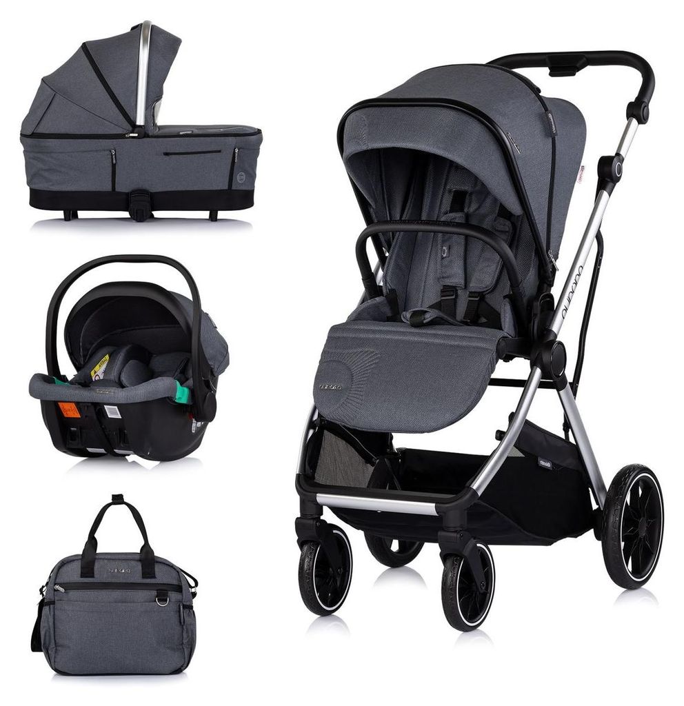 Chipolino Kombikinderwagen Aurora 3 in 1 Babyschale Babywanne Sportsitz Tasche dunkelgrau