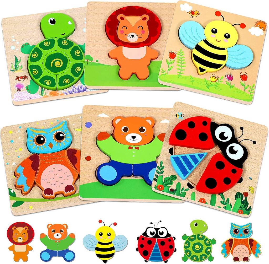 6 Stück Holzpuzzle - Tier Montessori Spielzeug - Produktbild 