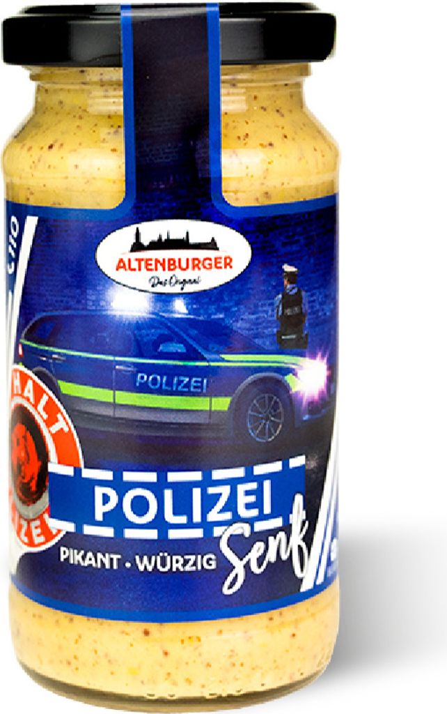 A jar of mustard with a police-themed label.