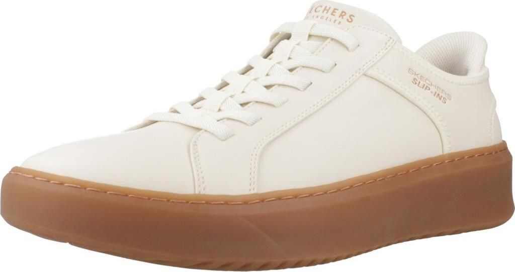 A white Skechers Slip-Ins sneaker with a brown sole is shown against a white background.