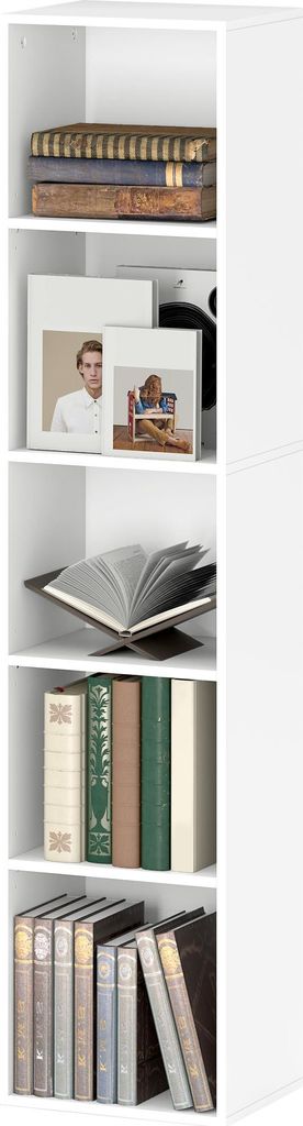 Bücherregal, 5 Fächer, verstellbare Regale, Holz, 30 x 24 x 133,5 cm, Weiß