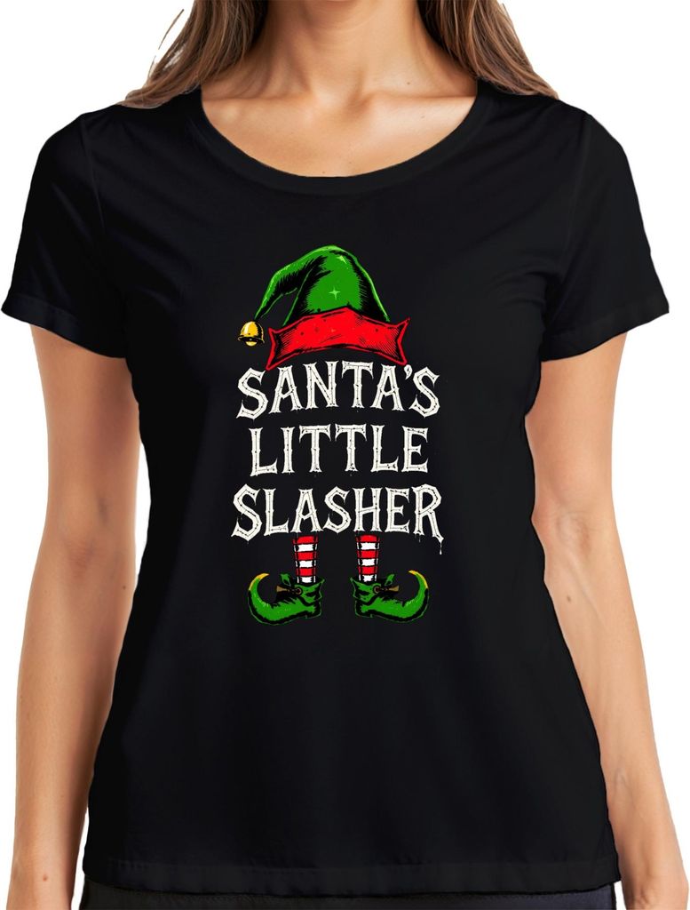Santa's Little Slasher Weihnachten Elf Horror Gruselig Geschenk Damen T-Shirt, Schwarz, M