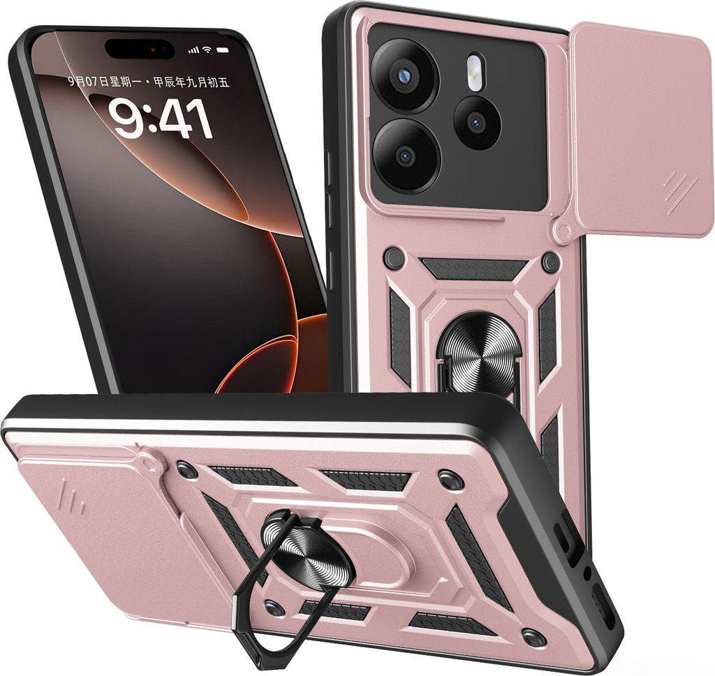 Outdoor Panzer Hülle für Xiaomi Redmi Note 14 4G Handyhülle Kameraschutz Ringhalter in Rosegold
