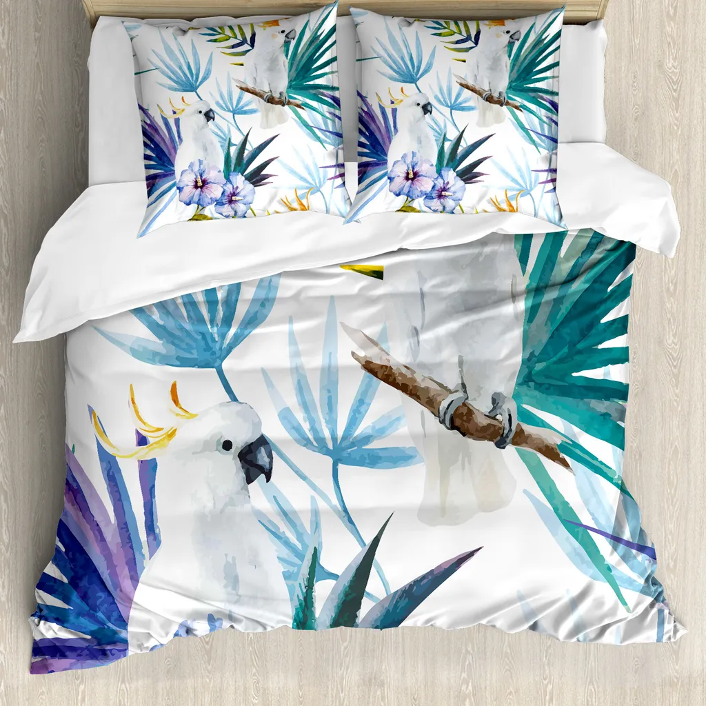 ABAKUHAUS Copripiumino Tropico, acquerello Parrot Palm, antiacaro, adatto a chi soffre di allergie, con federe, 200 cm x 200 cm - 80 x 80 cm, multicolore
