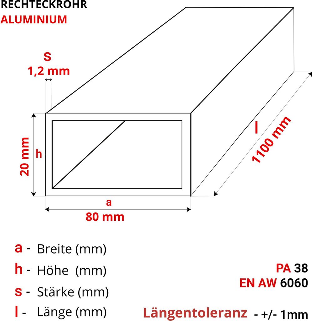 Produktbild von Aluminium Rechteckrohr 120x20x2 Mm – AW-6060, Länge 1100 Mm, Für Maschinenbau, Handläufe & DIY, AlMgSi0,5