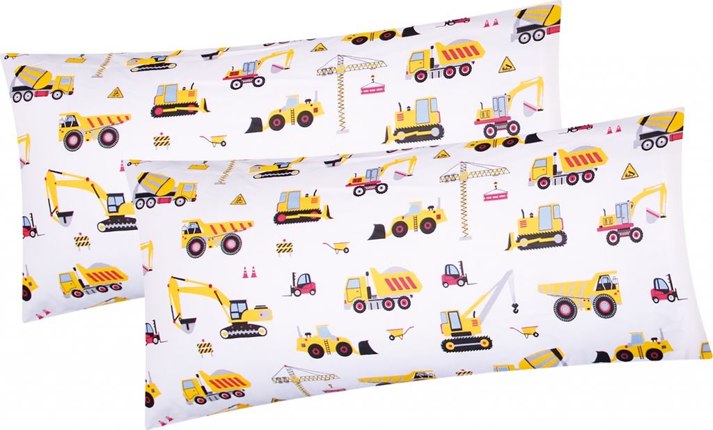 Renforcé Kissenbezug - 2er Set in 40x80cm - Bagger, Baufahrzeuge, Kräne - Kopfkissen-Bezug, Kissenhülle, Doppelpack in 100% Baumwolle, Kinder (E...