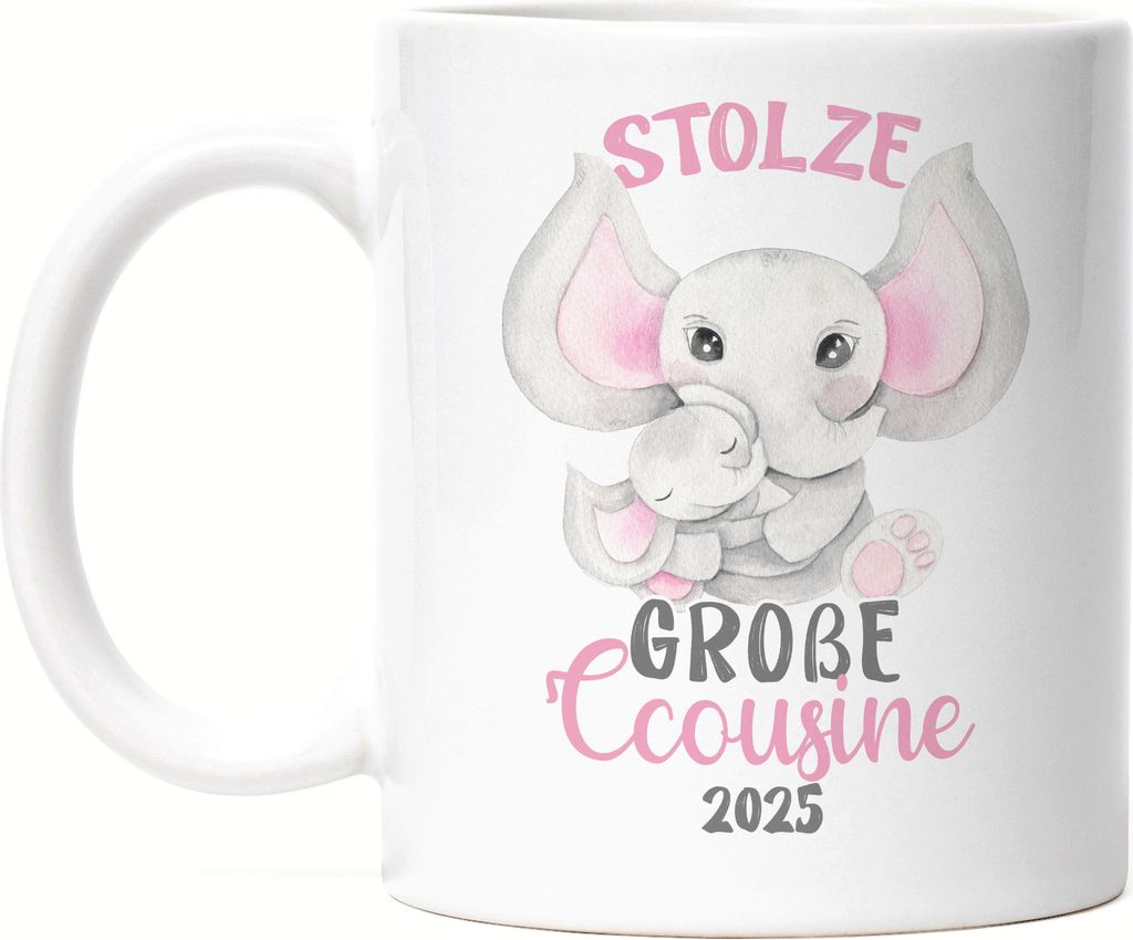 Stolze Große Cousine 2025 Tasse Weiß Family Familien Zusammenhalt Geborgenheit Beschützerin Liebe Elefanten