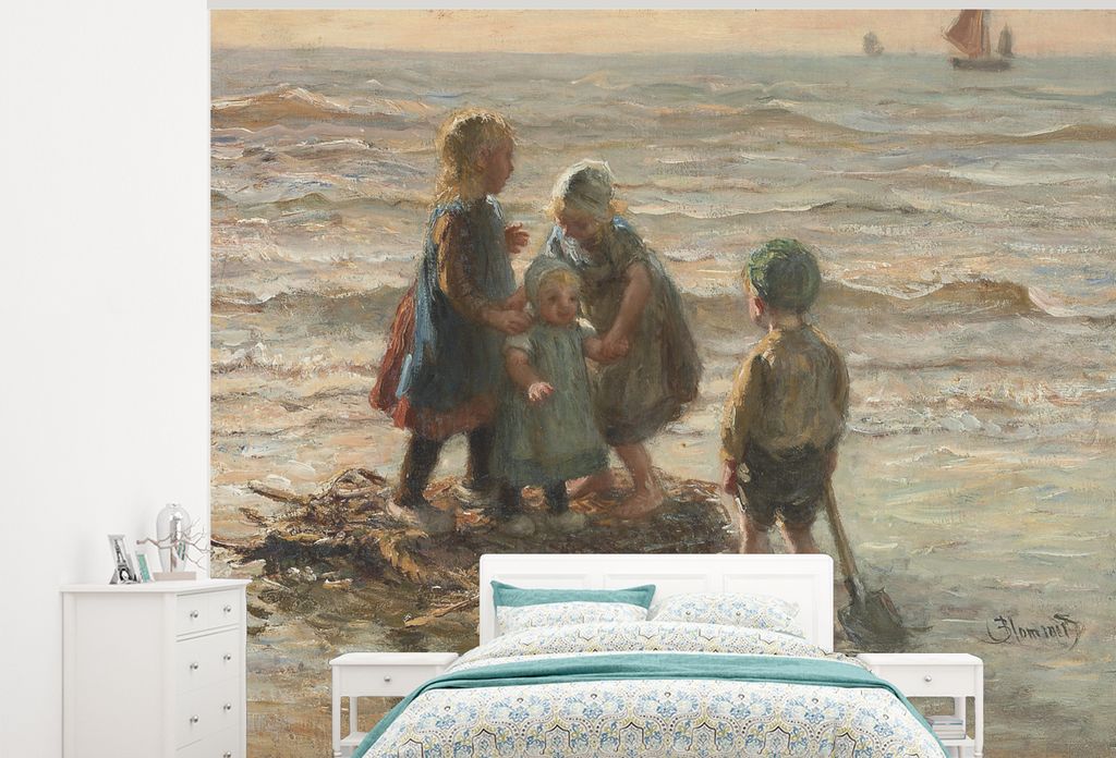 MuchoWow Fototapete für Wohnzimmer oder Schlafzimmer Wandtapete Vinyl Motivtapete Kinder spielen auf einem Floß - Gemälde von Bernard Blommers...