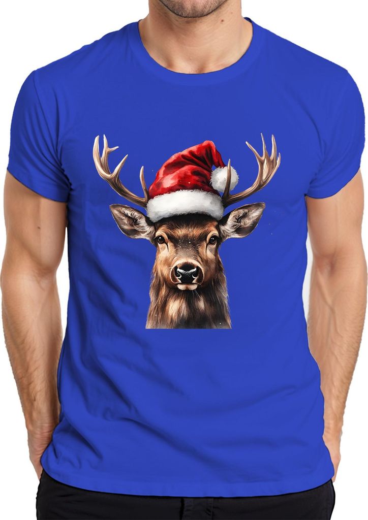 Weihnachtsrentier Santa Hat Geweih Geschenk Winter Realistisch Herren T-Shirt, Blau, XXL