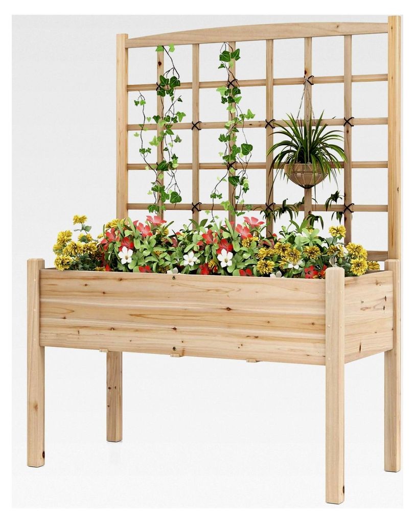 Blumenkasten mit Rankgitter, Pflanzkübel mit Spalier, Hochbeet Pflanzgefäß für Balkon, Garten, Terrasse, 119x60x160cm, Natur