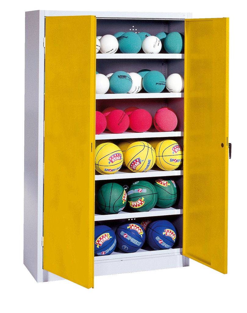C+P Ballschrank mit Vollblech-Flügeltüren (Typ 3), HxBxT: 195x120x50 cm, Ergo-Lock Muldengriff, Verkehrsgelb (RAL 1023), Lichtgrau (RAL 7035), Gl...