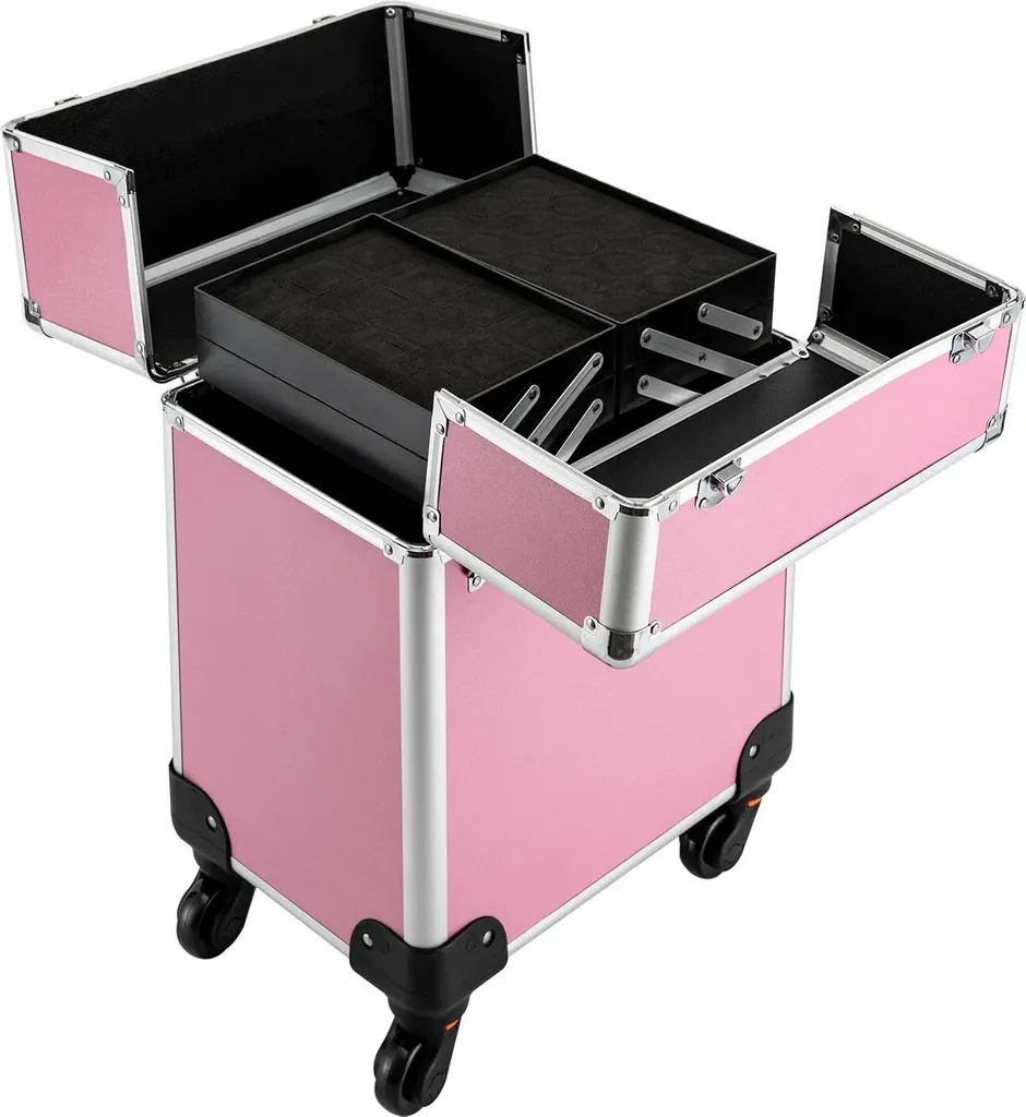 Trolley maquillage professionnel rose avec 4 tiroirs et roues 360°