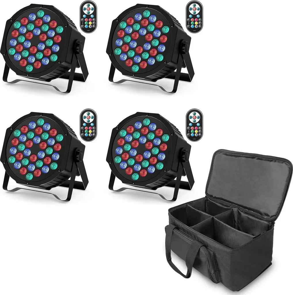 Projecteur de scène 36 LED RGB - Pack de 4 avec sac de transport et prise EU