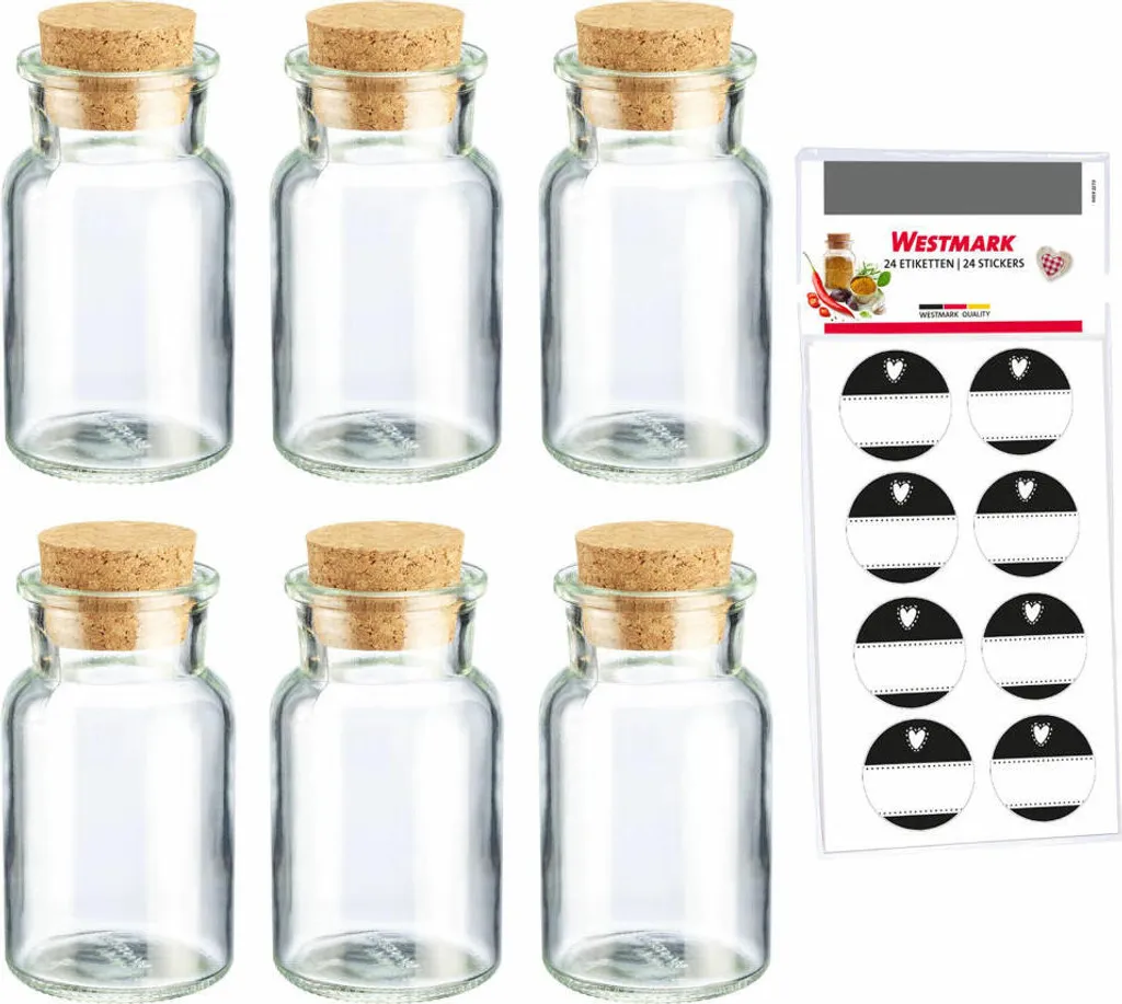 Set 6 Vasetti Westmark per Spezie e Erbe | Vetro 150ml con Tappo Sughero
