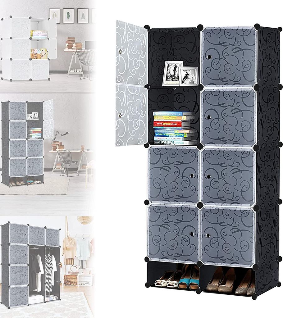 ACXIN DIY Kleiderschrank Regalsystem Garderobe aus Kunststoff, Garderobenschrank Tragbarer Faltschrank mit Türen (8 Würfel Schrank mit Schuhregal)