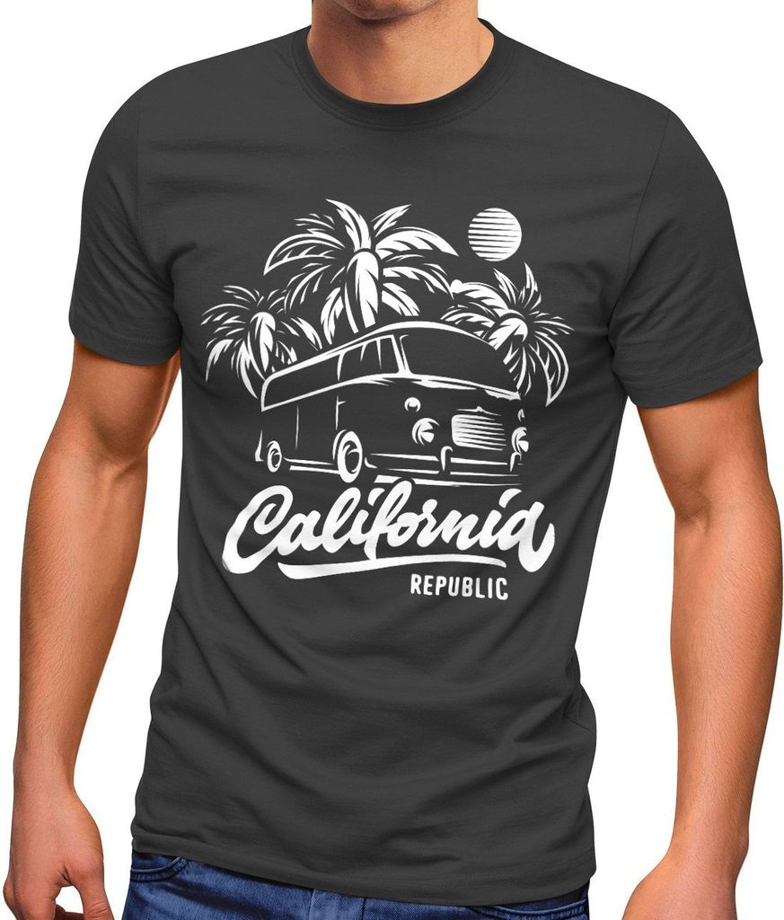 Herren T-Shirt California Surf Retro Bus Abenteuer Urlaub Palmen Slim Fit Neverless dunkelgrau L